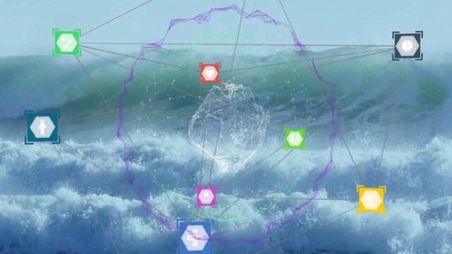 Water-sphere syncing to wave as purple ring popping icons appearing linking pulsing selecting node
