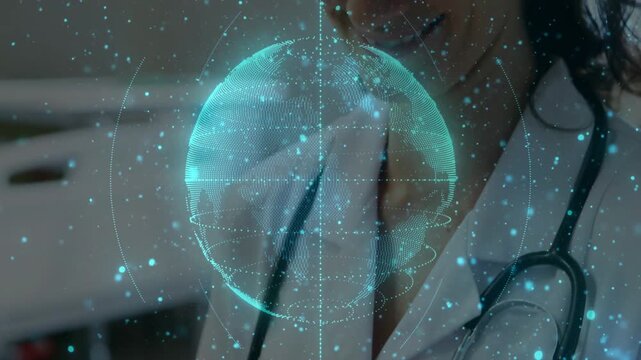 Female clinician tapping tablet, summoning holographic cyan globe over face then revealing smile