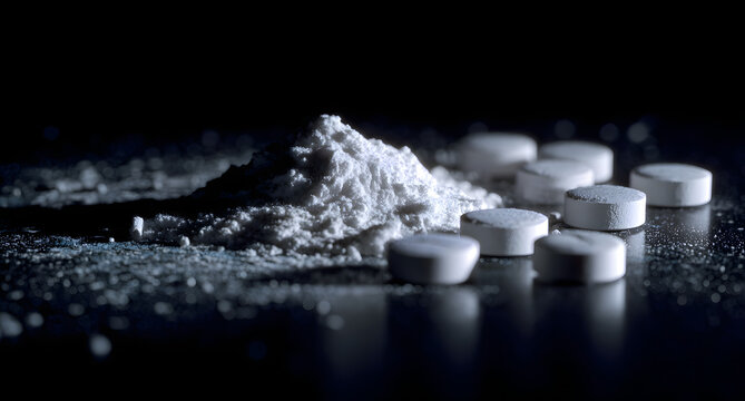 A close-up of powdered fentanyl and white tablets on a reflective background showing the addiction theme.