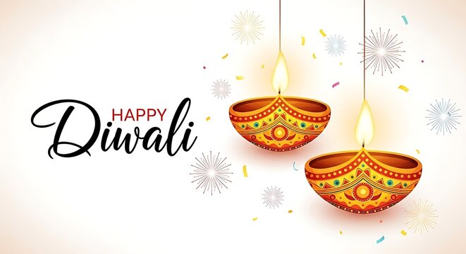 Happy diwali festival of lights greeting with traditional diya lamps