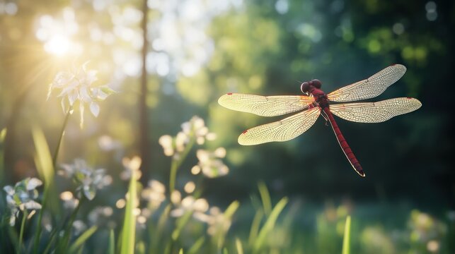 A red dragonfly flies near white flowers, sunlit against a blurred green forest backdrop