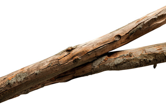 Dry weathered wooden logs with rough textured bark, isolated object on a transparent background