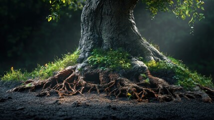 Fototapeta premium Close-up of a majestic tree trunk with exposed roots, grass, and a blurred forest