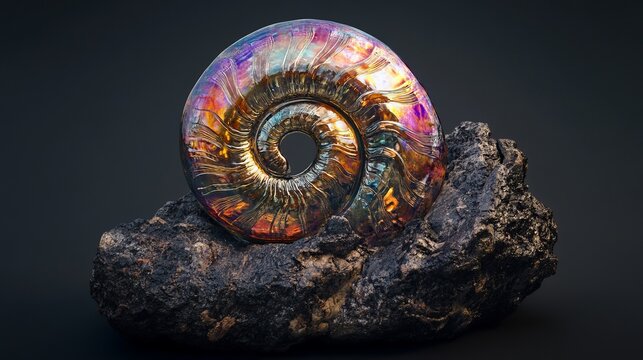 A vibrant ammonite fossil with a colorful iridescent shell sits on a dark rock against a black background.