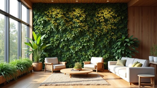 Interior biof&iacute;lico moderno, pared con jard&iacute;n vertical, texturas de madera natural, grandes ventanales