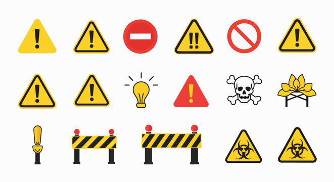 Collection of various warning signs and symbols on white background