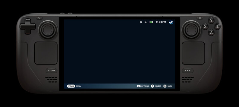 Photorealistic detailed Valve Steam Deck Oled portable console mockup template. Front view with empty screan isolated on black background. Vector editorial illustration