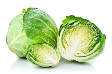 Fototapeta premium Fresh green cabbage whole and halved on a white background ready for cooking or salad preparation