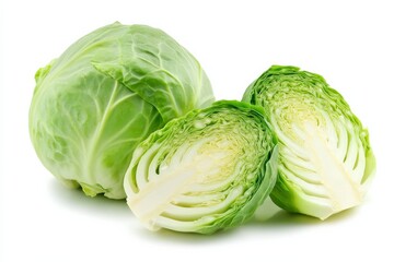 Fototapeta premium Fresh green cabbage whole and halved on a white background for recipe and cooking ideas