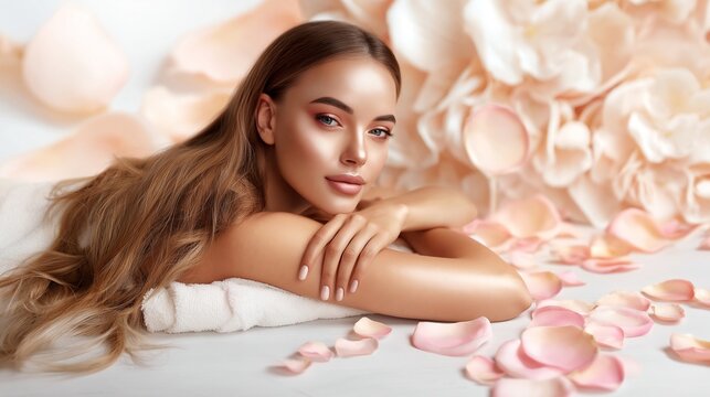 Sch&ouml;ne Frau entspannt sich auf einer Massageliege in einem stimmungsvollen Spa-Ambiente