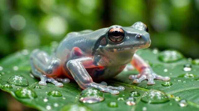 Glass Frog with Transparent Body on Wet Leaf