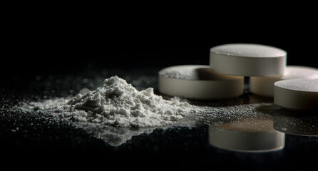 Fototapeta premium The addiction theme is shown in a close up image of powdered fentanyl and white tablets on a shiny reflective background.