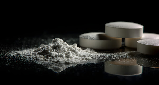 The addiction theme is shown in a close up image of powdered fentanyl and white tablets on a shiny reflective background.