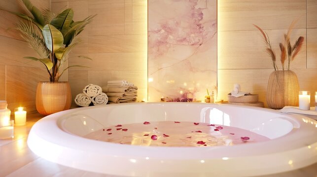 Luxuri&ouml;ses Wellnessbad mit rundem Whirlpool voller Rosenbl&uuml;tenbl&auml;tter und rosa Stimmungsbeleuchtung