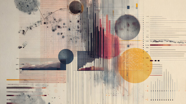 Data charts that blend vintage and future styles on textured paper with muted pastel colors, collage illustrations, and business insight storytelling.