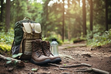 Fototapeta premium Hiking equipment on a forest trail with a backpack, water bottle, and leather boots ready for an adventure