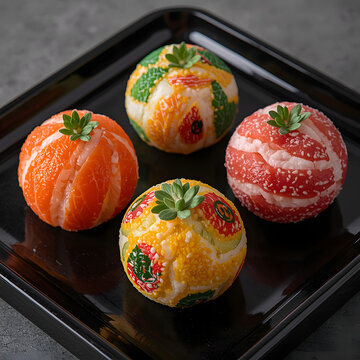Close-up of four beautiful colorful hand-balled sushi (Temari Sushi) on a black lacquer tray