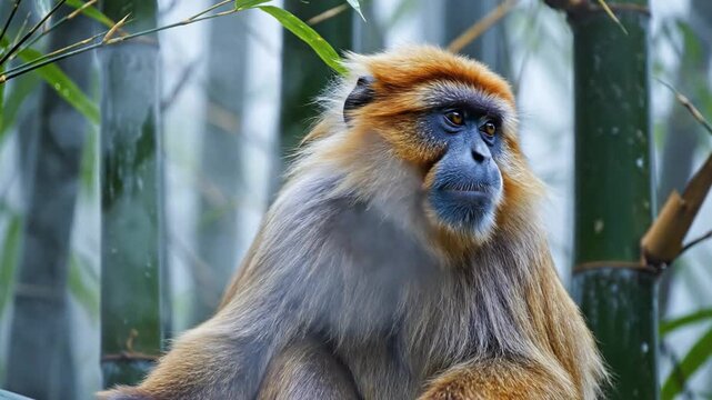 Golden Snub-Nosed Monkey Amidst Misty Bamboo Forest