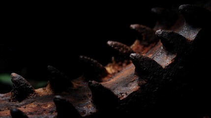 Fototapeta premium a weathered industrial cutting tool with rusty serrated teeth,gritty metallic texture