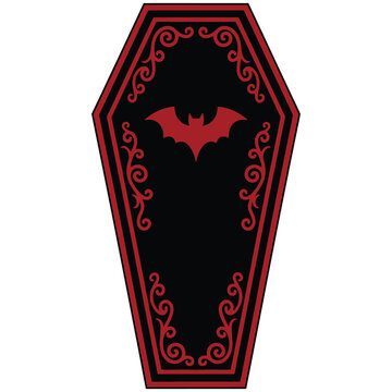 Vector graphic illustration of a black coffin with red bat and ornate design elements in a spooky yet elegant style