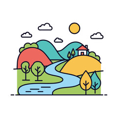Naklejka premium Colorful illustrated landscape featuring rolling hills, a river, and a house