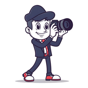 Cute Photographer Mascot Character Holding Camera Vector Illustration