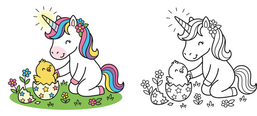 Naklejka premium Sweet Unicorn Welcoming a Hatching Chick in a Spring Garden