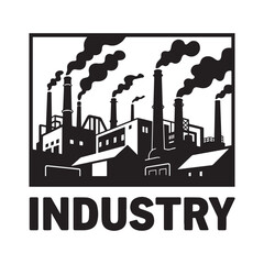 Fototapeta premium Black Silhouette Industrial Factory Building Illustration With Smoking Chimneys And Bold Text. 