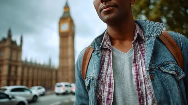 A Traveler in an Urban Setting Near Historic Architecture Featuring a Tower Clock, Reflecting the Spirit of Exploration and Adventure in a Bustling City