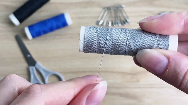 A close-up of hands winding gray thread onto a spool on a worktable, with needles, pins, and other sewing tools in the background.