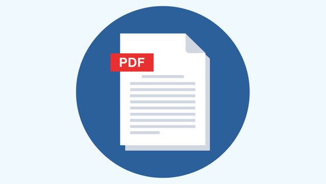 Digital document icon representing a PDF file on a blue circular background with a red label and horizontal lines.