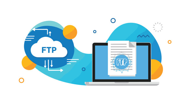 Conceptual illustration of FTP file transfer featuring a laptop and cloud with moving arrows on a colorful background.
