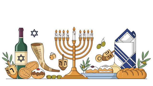 Wide selection of traditional Hanukkah items including a menorah, wine bottle, dreidels, and festive bread and treats.