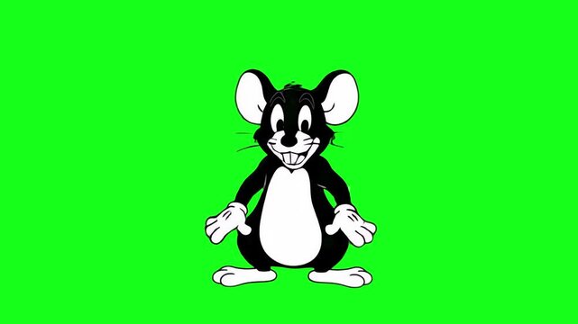 A stylized black and white mouse character with large ears and a wide smile, designed in a classic retro cartoon aesthetic. The green screen backdrop allows for easy compositing in various animation p