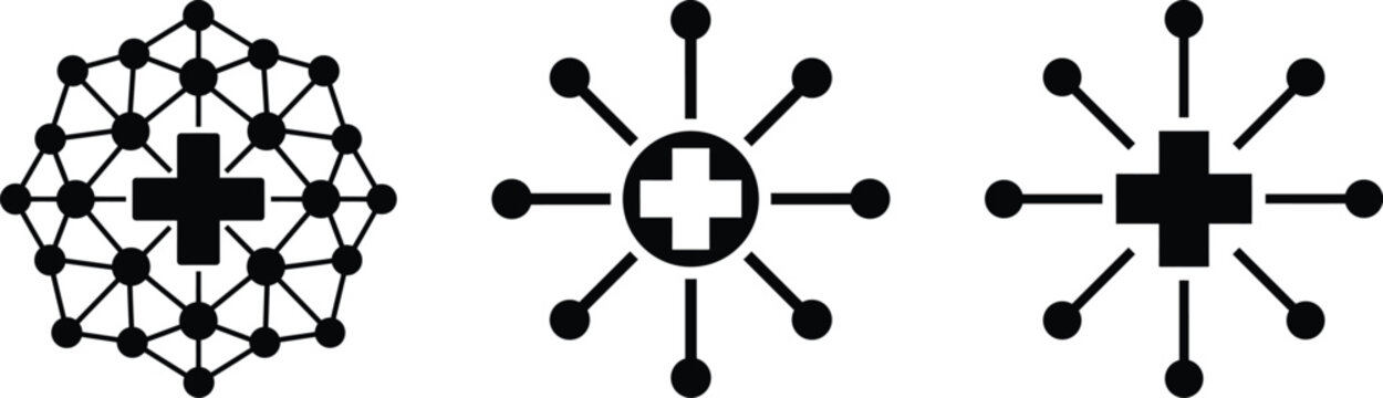 Medical network connection and healthcare data distribution hub icon set. Healthcare administration symbols.