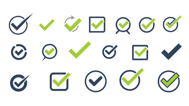 Comprehensive collection of green checkmark icons in different circular square and creative geometric styles.