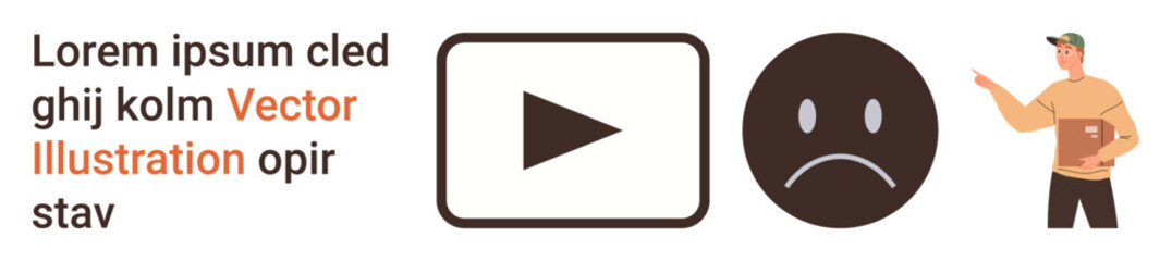 Fototapeta premium Content creation, video tutorials, emotional expression, feedback, user interaction, digital media. Includes play button, sad face and pointing individual. Content creation and video tutorials