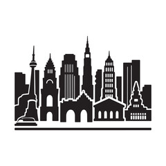 Fototapeta premium Black Silhouette Of Diverse Urban Skyscrapers And Famous International City Landmarks.