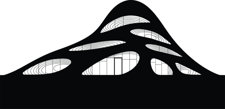 futuristic building, curved windows, black and white, architecture, modern abstract, white background, oval windows, grid pattern, lines, Black and white of futuristic building with curved windows