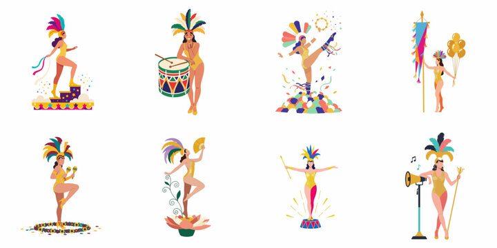 Set of Eight Flat Vector Illustrations of Brazilian Carnival Dancers and Performers in Vibrant Costumes with Various Festive Props and Headdresses.