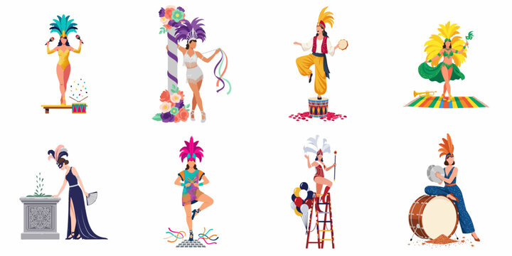 Collection of diverse female carnival performers in colorful costumes with feathers, masks, and musical instruments, isolated on a white background.