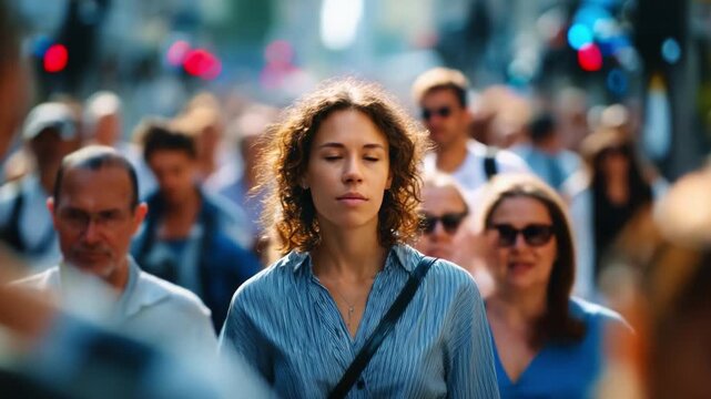 A Young Woman Navigates Through a Crowded Urban Scene, Capturing the Essence of Individuality Amidst the Bustling City Life and Diverse Crowd Around Her