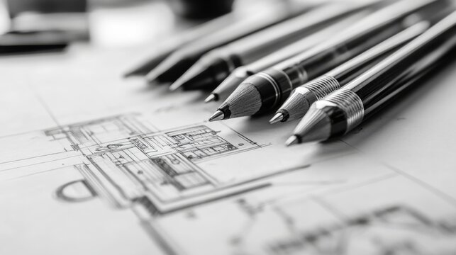 pencils on architectural blueprint