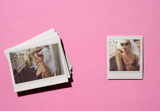 Mockup of Polaroids on a Pink Surface