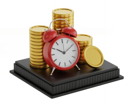 Red alarm clock with gold coins on black base clock face white background