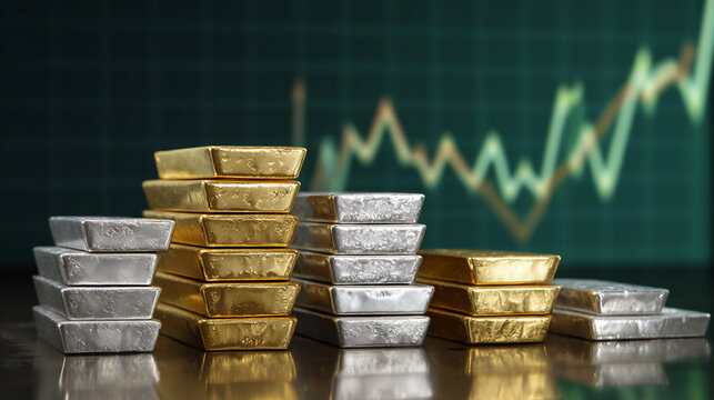 gold and silver bars with rising financial graph, precious metals investment growth concept with gold and silver, bullion wealth and market uptrend financial success concept