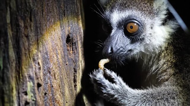 Lemur With Large Eyes Eats Small Nut Near Tree Trunk