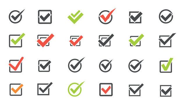 Assorted set of checkmark icons in various shapes and colors including green, red, and orange for interface design and task tracking tools.