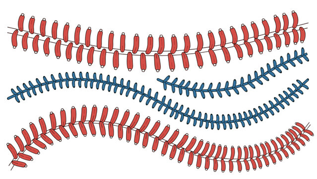 Detailed illustration of multiple baseball seam patterns in classic red and blue colors arranged in decorative wave lines.