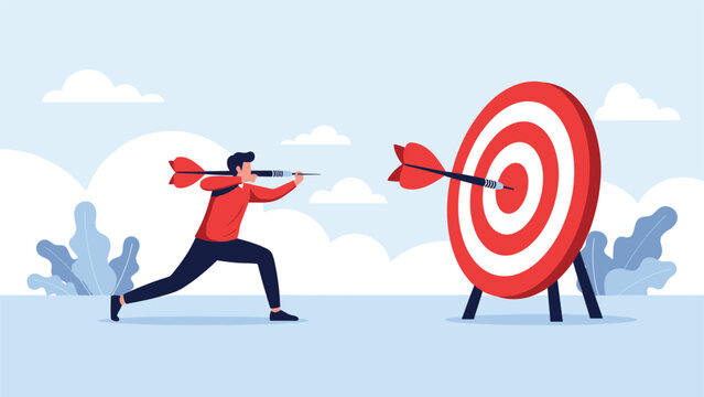 Successful businessman hitting the bullseye of a large target with an arrow representing accuracy and achieving business goals.